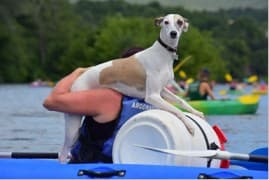 Man carefully holding his dog in a kayak, demonstrating proper handling techniques