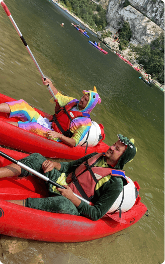 Kayakers in costumes on the Ardèche river
